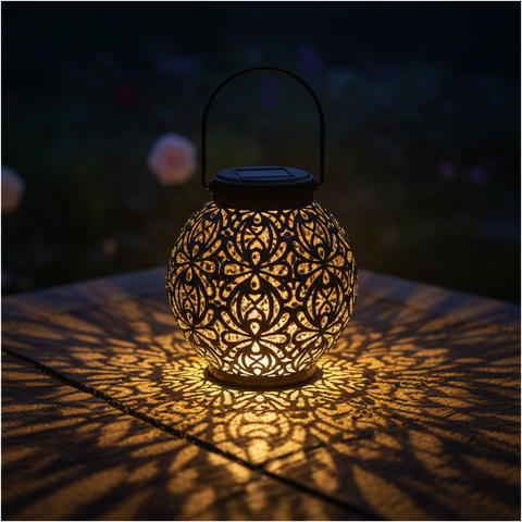 Decorative lantern casting shadows on a surface at night