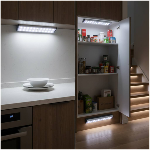 Under-cabinet lighting in a kitchen and under-stair storage with lights.