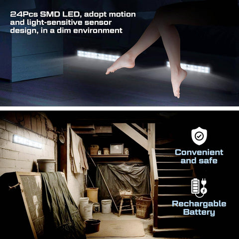 Moss & Stone motion sensor under cabinet lights 3-pack with 24 LED, USB rechargeable, illuminating kitchen or closet spaces.