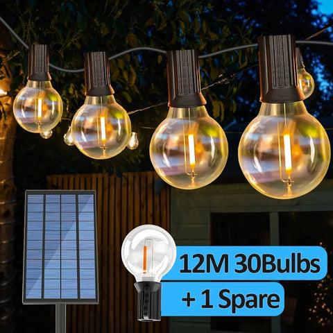 Solar and USB Festoon Outdoor Lights 30 G40 Bulbs (12m) - Solightify