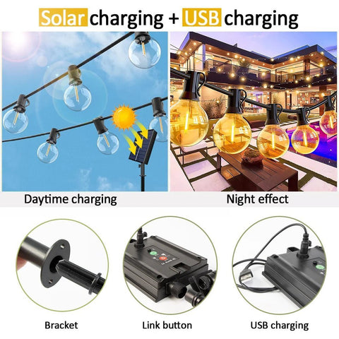 Solar and USB Festoon Outdoor Lights 30 G40 Bulbs (12m) - Solightify