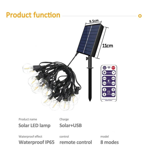 Solar and USB Festoon Outdoor Lights 30 G40 Bulbs (12m) - Solightify