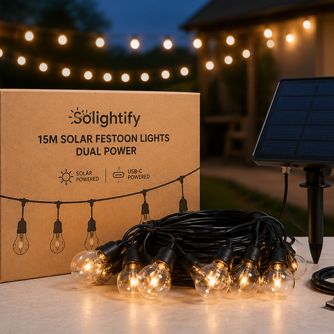 Full length view of 15m solar festoon lights with 20 Edison bulbs