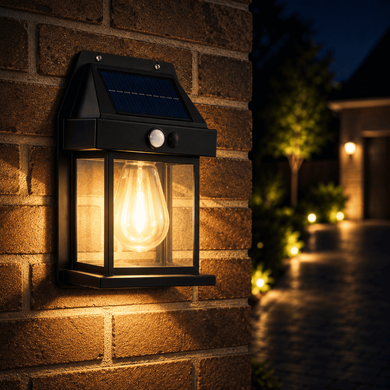4-pack solar PIR garden security lights mounted on an outdoor wall