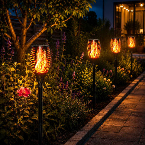 Set of four Solightify solar garden torch lights with flickering flame design for outdoor illumination and decorative garden lighting.