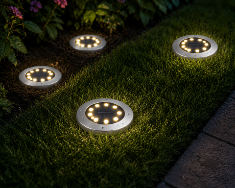 Solar-powered garden lights embedded in grass