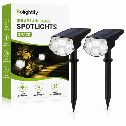 Solar landscape garden lights by Solightify, 2-pack outdoor solar-powered spotlights with adjustable brightness and IPX7 waterproof design.