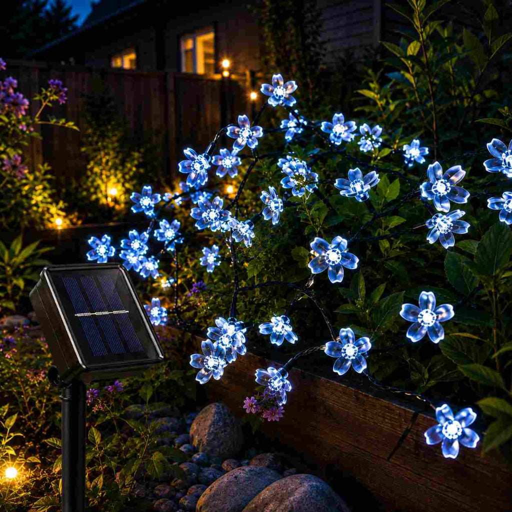 Blue solar-powered waterproof fairy garden string lights by Solightify, ideal for outdoor garden illumination and decoration.