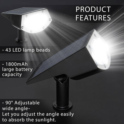 Solightify solar landscape spotlights in a 2-pack, IPX7 waterproof, with three adjustable brightness modes for garden lighting.