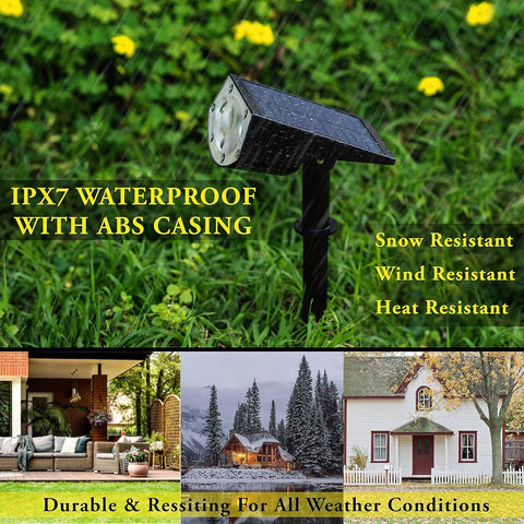 Solightify solar landscape spotlights 2-pack with adjustable heads, IPX7 waterproof, three brightness modes for garden lighting.