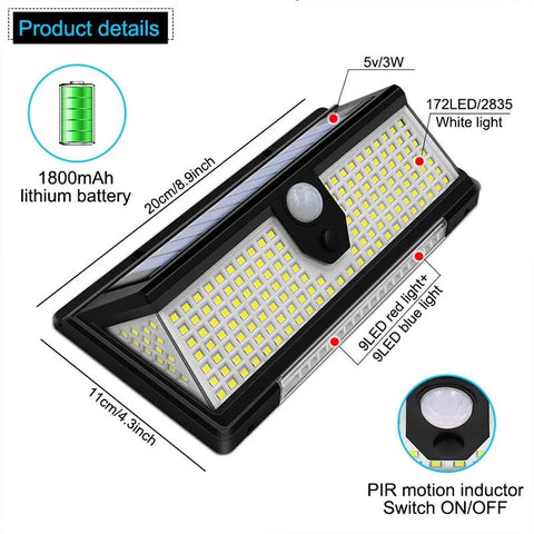 Solightify 190 LED outdoor PIR motion sensor solar security wall light waterproof garden wall lamp in black