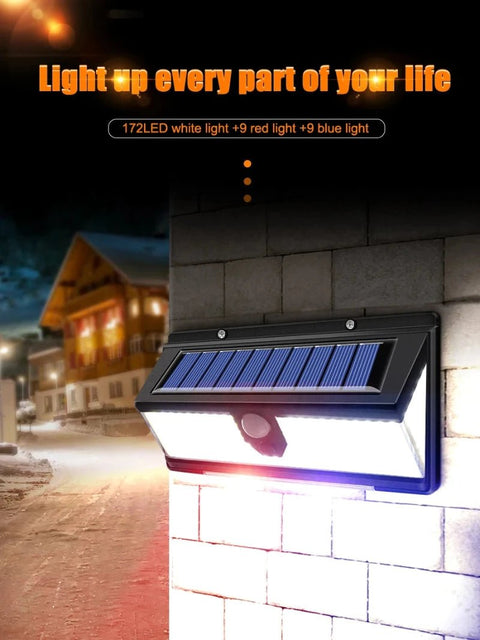 Solightify 190 LED outdoor PIR motion sensor solar security wall light waterproof garden lamp mounted on exterior wall.