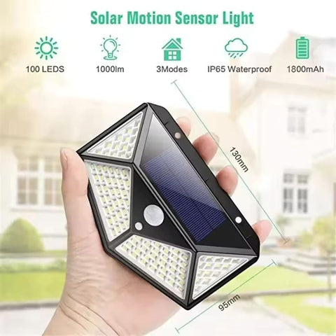Solightify 4-pack solar PIR security lights with 100 LEDs, motion sensor, IP65 waterproof, outdoor security lighting.