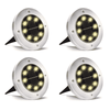 Set of four Solightify outdoor waterproof solar deck lights with cool white illumination, ground driveways and pathways.
