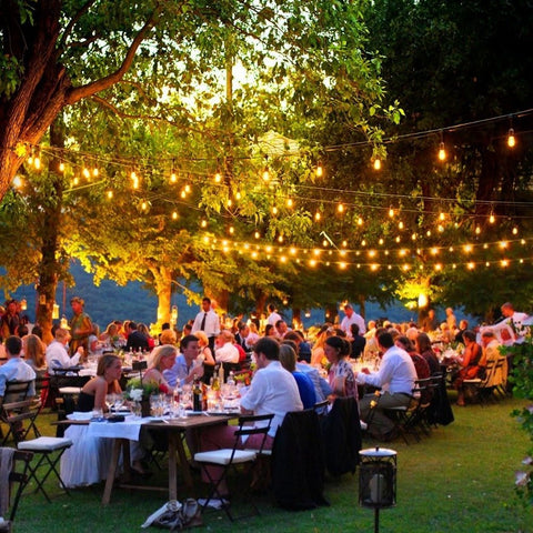 Outdoor solar festoon lights with 20 Edison bulbs on a pergola, dual power solar and mains by Solightify.
