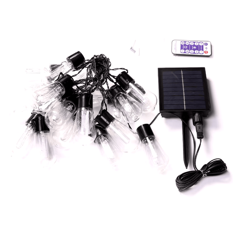Solightify solar festoon string lights with 30 Edison bulbs, 9.8m length, 8 lighting modes, and remote control.