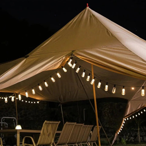 Solightify solar festoon string lights with 30 Edison bulbs, 9.8m length, 8 lighting modes, and remote control for outdoor decor.