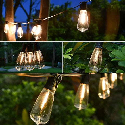 Solightify solar festoon string lights with 30 Edison bulbs, 9.8m length, 8 lighting modes, remote control included.