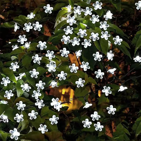 White waterproof solar fairy flower string lights for garden outdoor decor by Solightify, perfect for illuminating garden spaces.