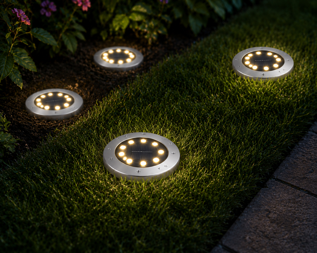 Solightify solar garden deck lights, 4-pack, warm white, flush fit, dusk to dawn outdoor ground lights for pathways and gardens.