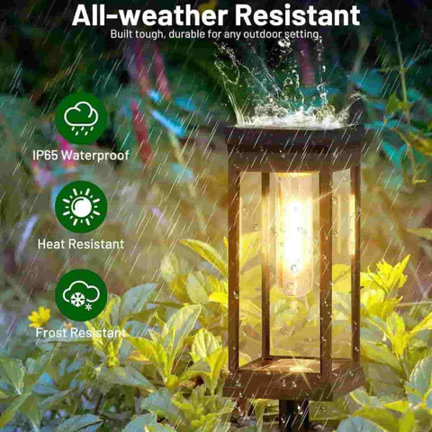 Set of four waterproof solar garden lights with square shape, sensor-powered, ideal for outdoor pathway and landscape lighting.
