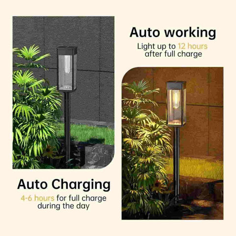 Set of four waterproof Solightify solar garden lights with square-shaped design and sensor-powered illumination for outdoor use.