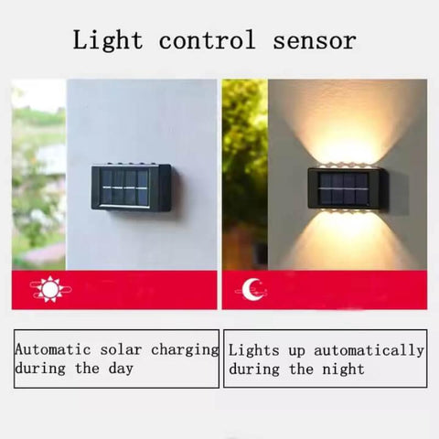 Two Solightify solar garden spot lights, waterproof outdoor sensor lights, providing up and down illumination for gardens.