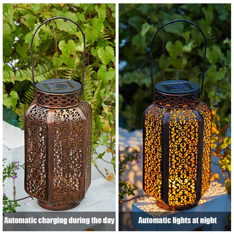 Solightify Moroccan solar-powered outdoor hanging lantern with retro design, waterproof for garden or patio lighting, 1 pack.