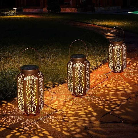 Solightify Moroccan solar-powered outdoor hanging lantern with retro design, waterproof for garden and patio lighting.