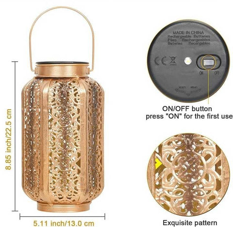 Solightify Moroccan solar-powered retro outdoor hanging lantern with waterproof design for garden and patio lighting.