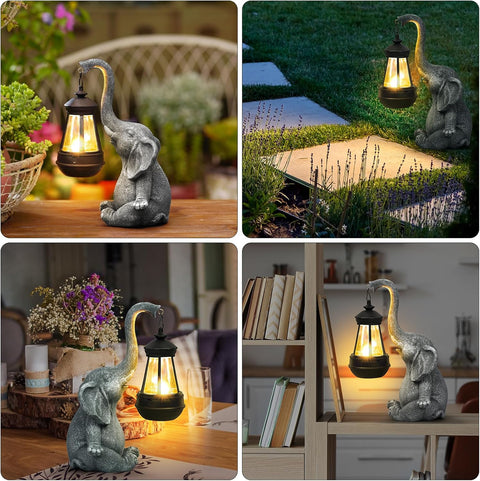 Gray solar elephant garden lantern by Solightify, decorative solar light with intricate elephant design for outdoor decor.