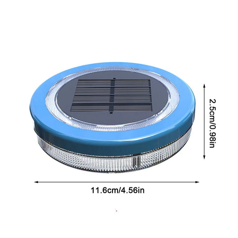 Solightify Solar Floating Pool Light illuminating a swimming pool with colorful LED lights on a clear night scene.
